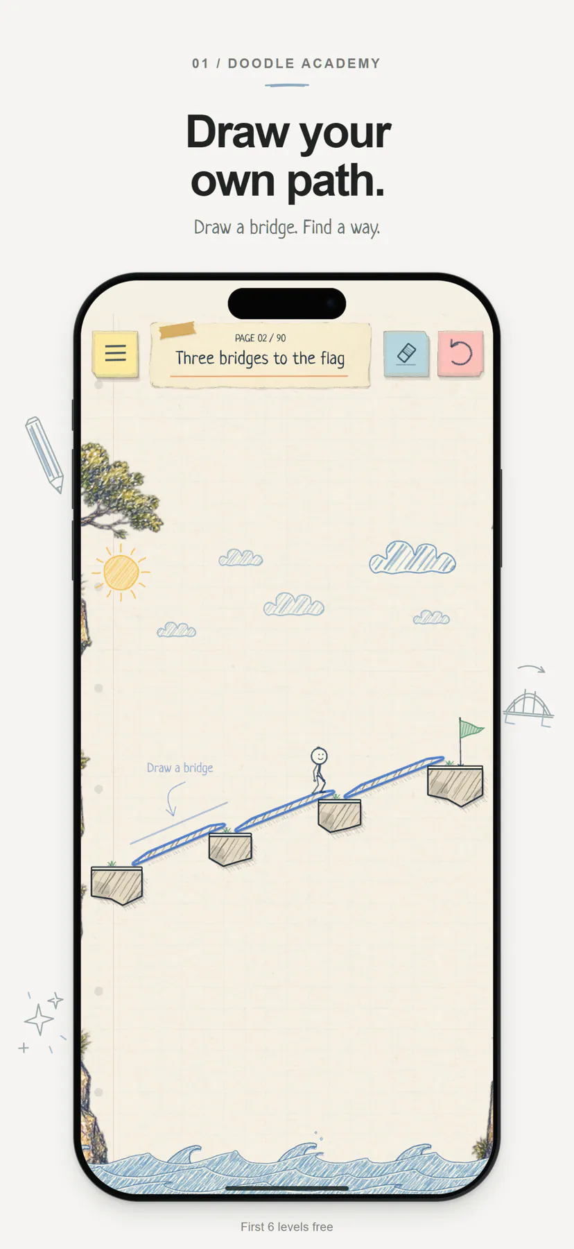 Doodle, Please! publisher screenshot introducing its hand-drawn physics puzzles.
