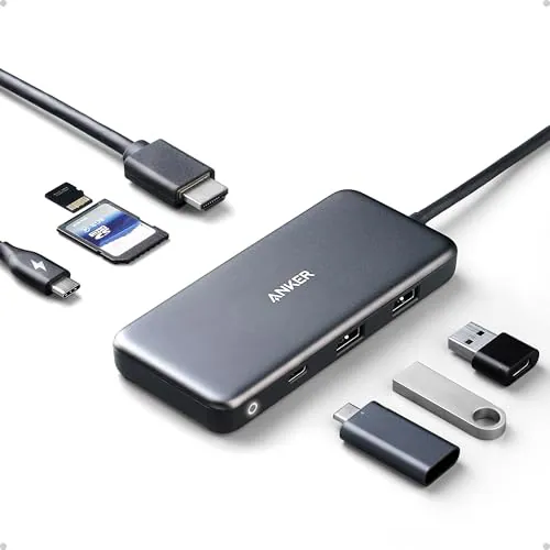 Gray Anker 7-in-1 USB-C hub with HDMI and USB ports