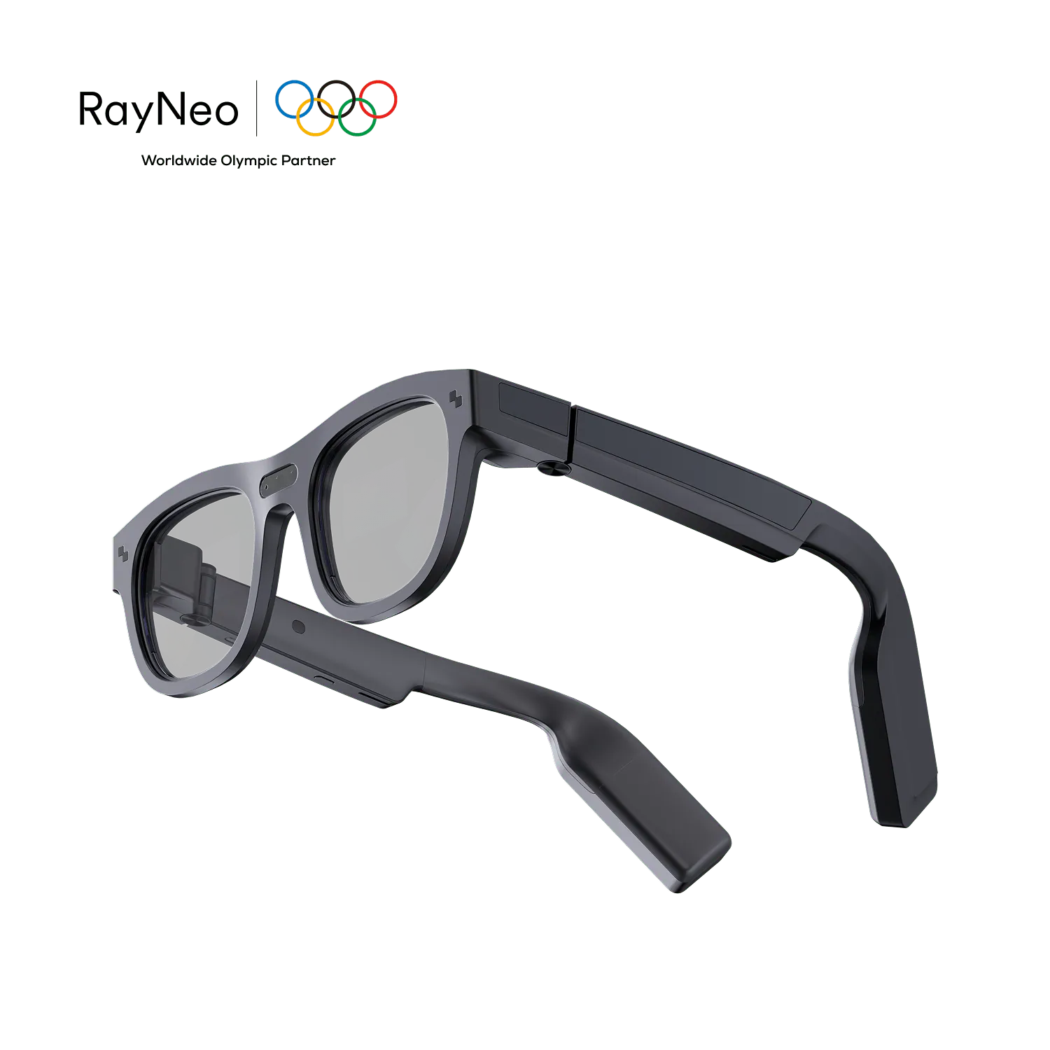 Gray RayNeo X2 AI and AR glasses with thick temples and clear lenses