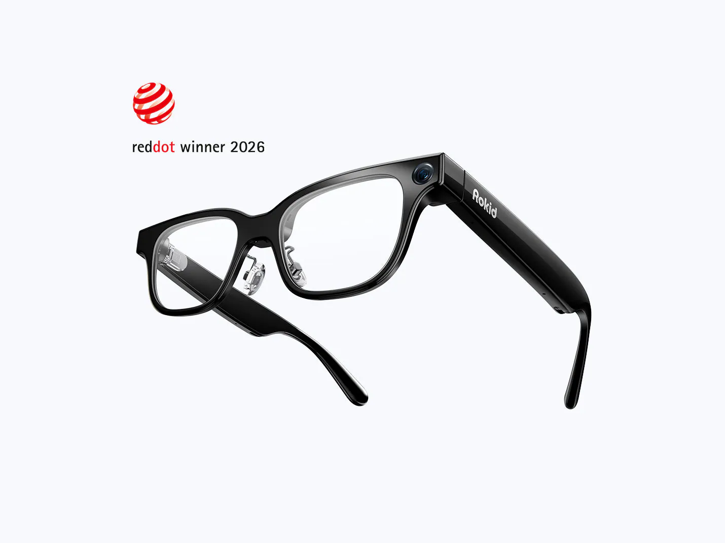 Black Rokid AI Glasses with clear lenses and an integrated information display