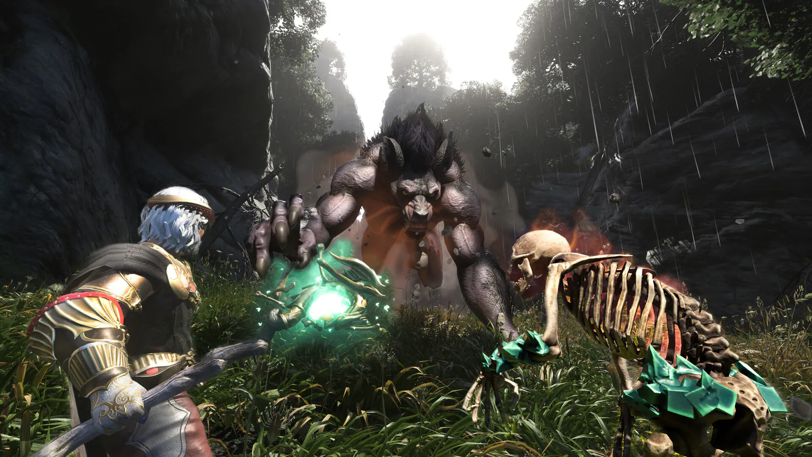 Enshrouded characters fighting a large creature in a forest, from an official PC screenshot