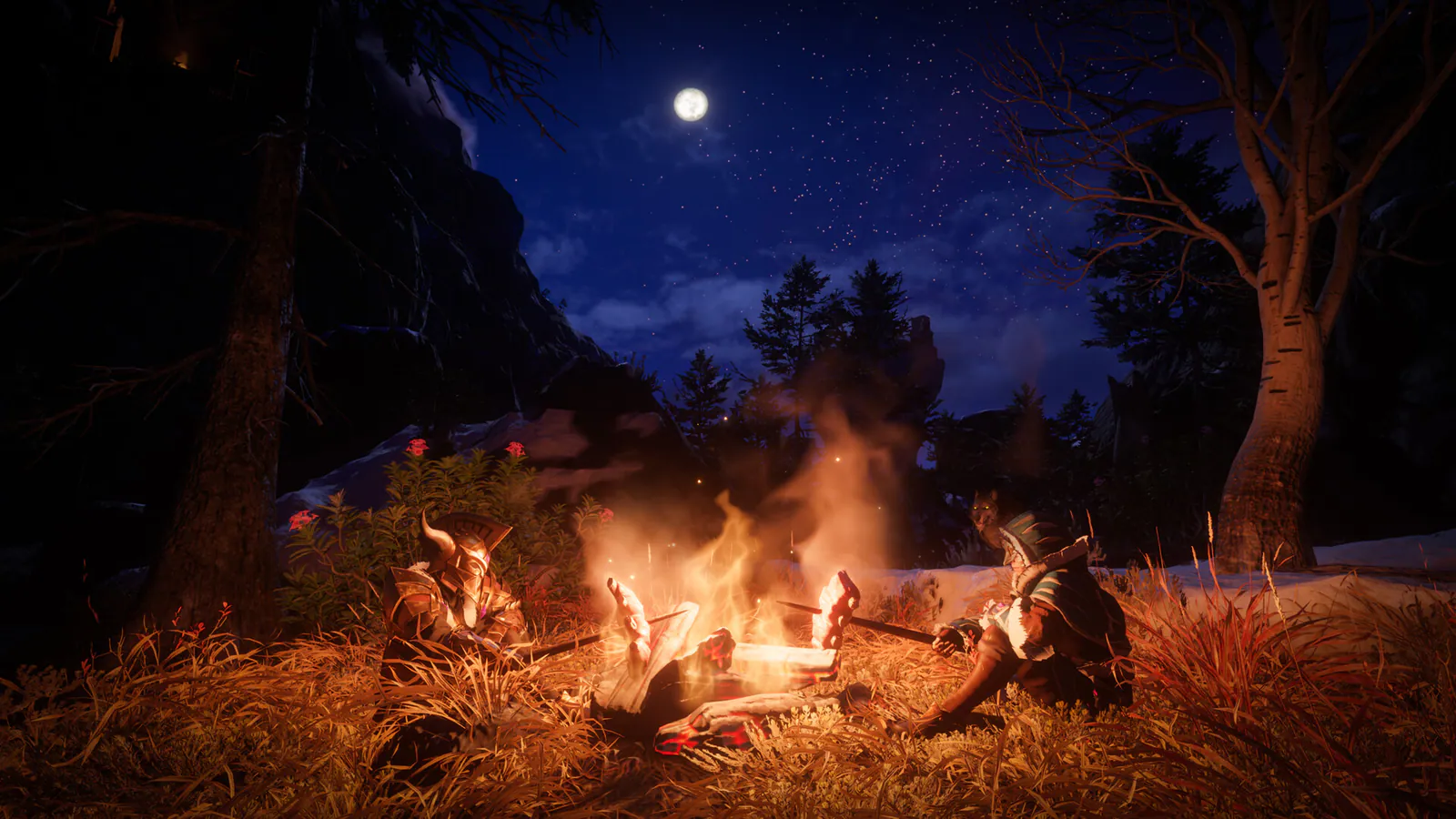 Enshrouded characters gathered around a campfire at night, from an official PC screenshot