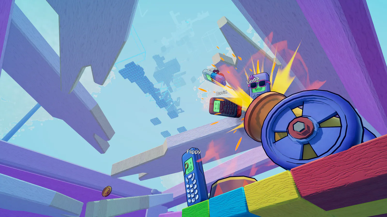 Flippy and other phones climbing colorful toy obstacles