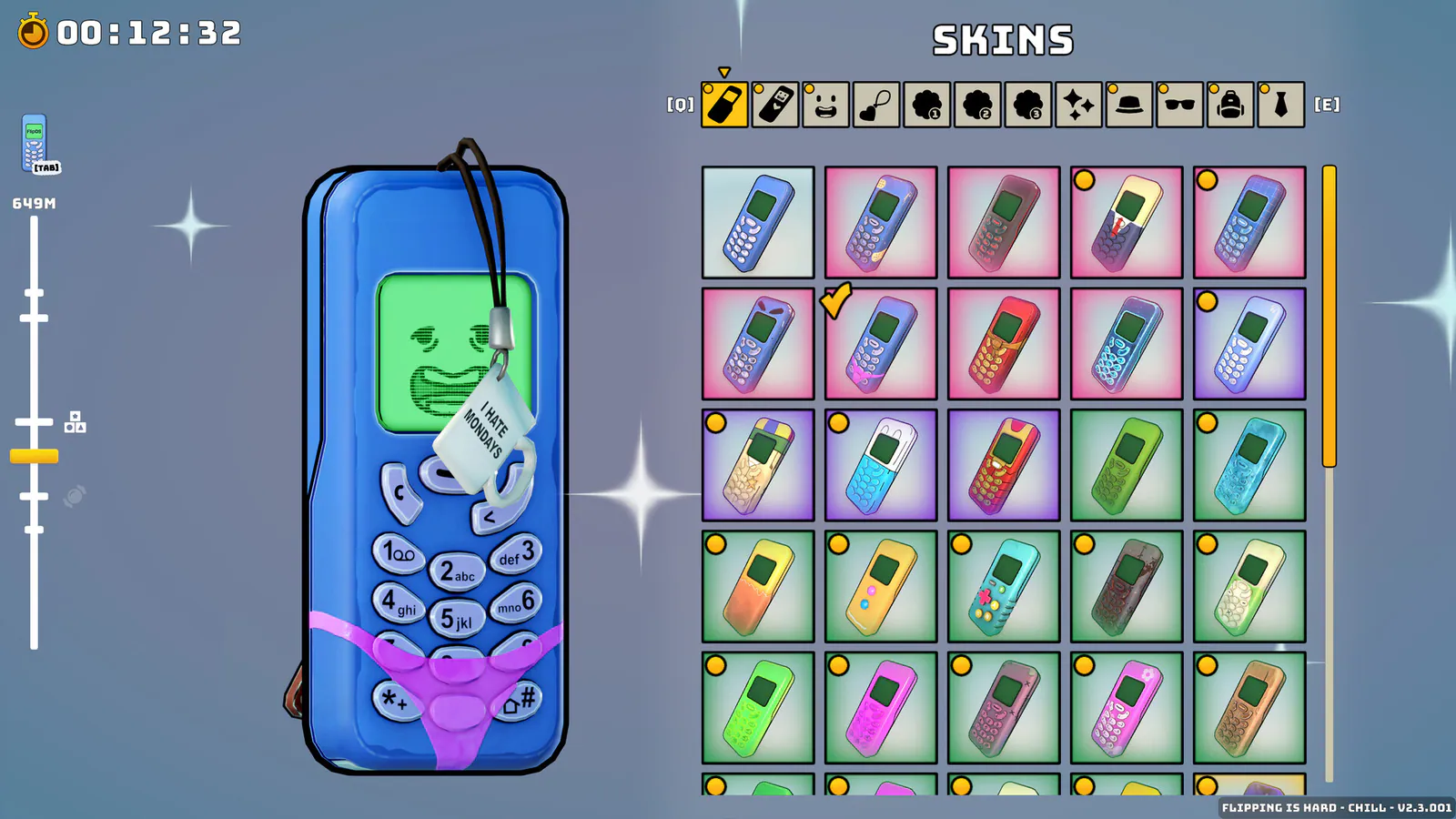 Phone cases and charms in Flipping is Hard's customization menu