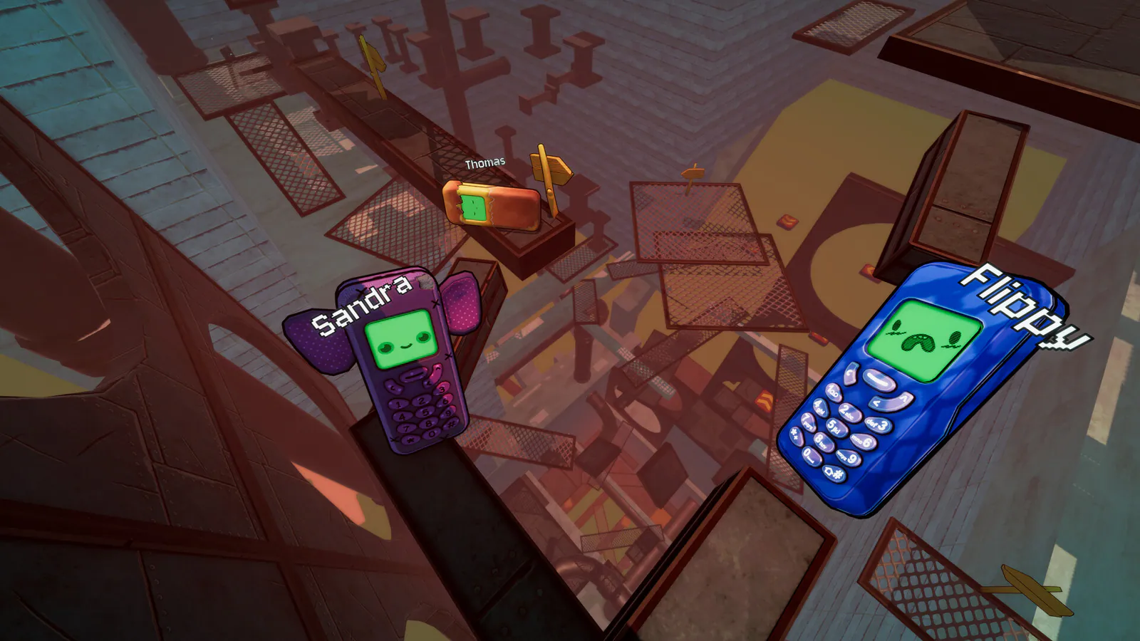 Customized phones above an industrial platforming area in co-op