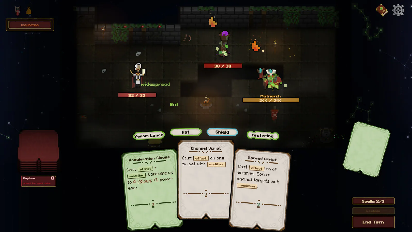 Grimoire of Blanks publisher screenshot showing word tokens above unfinished spell cards during a dungeon battle.