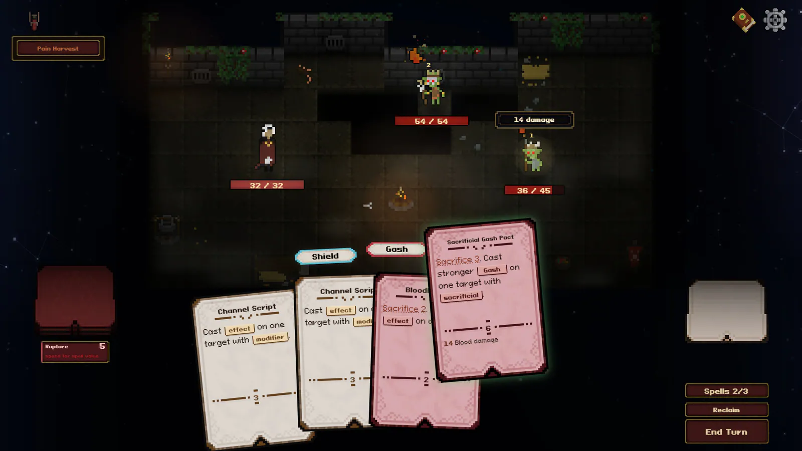 Grimoire of Blanks publisher screenshot showing the Sacrificial Gash Pact card and enemies taking damage.