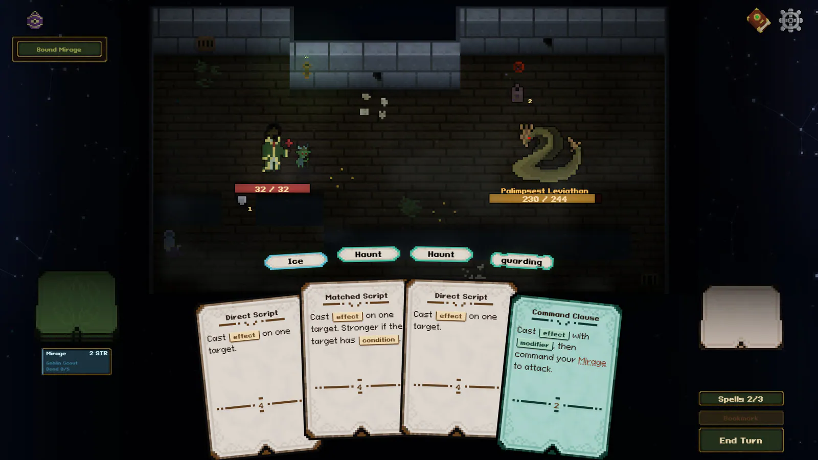 Grimoire of Blanks publisher screenshot showing spell cards and word tokens in a battle against the Palimpsest Leviathan.