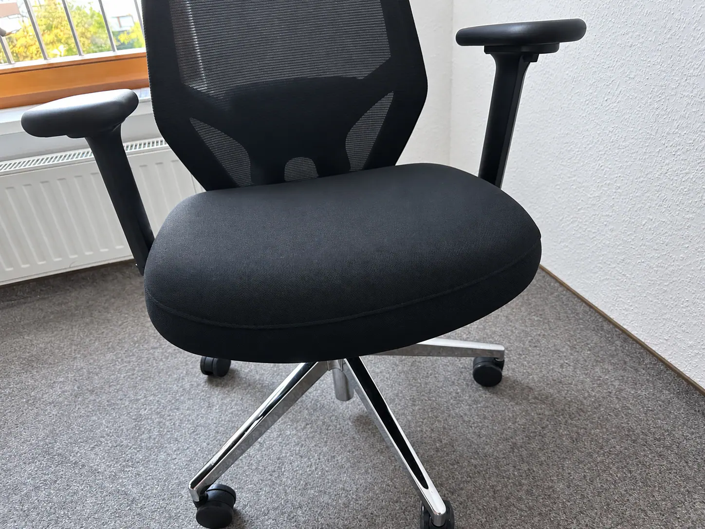 The Holludle Ease Chair's padded seat, adjustable armrests, and mesh backrest