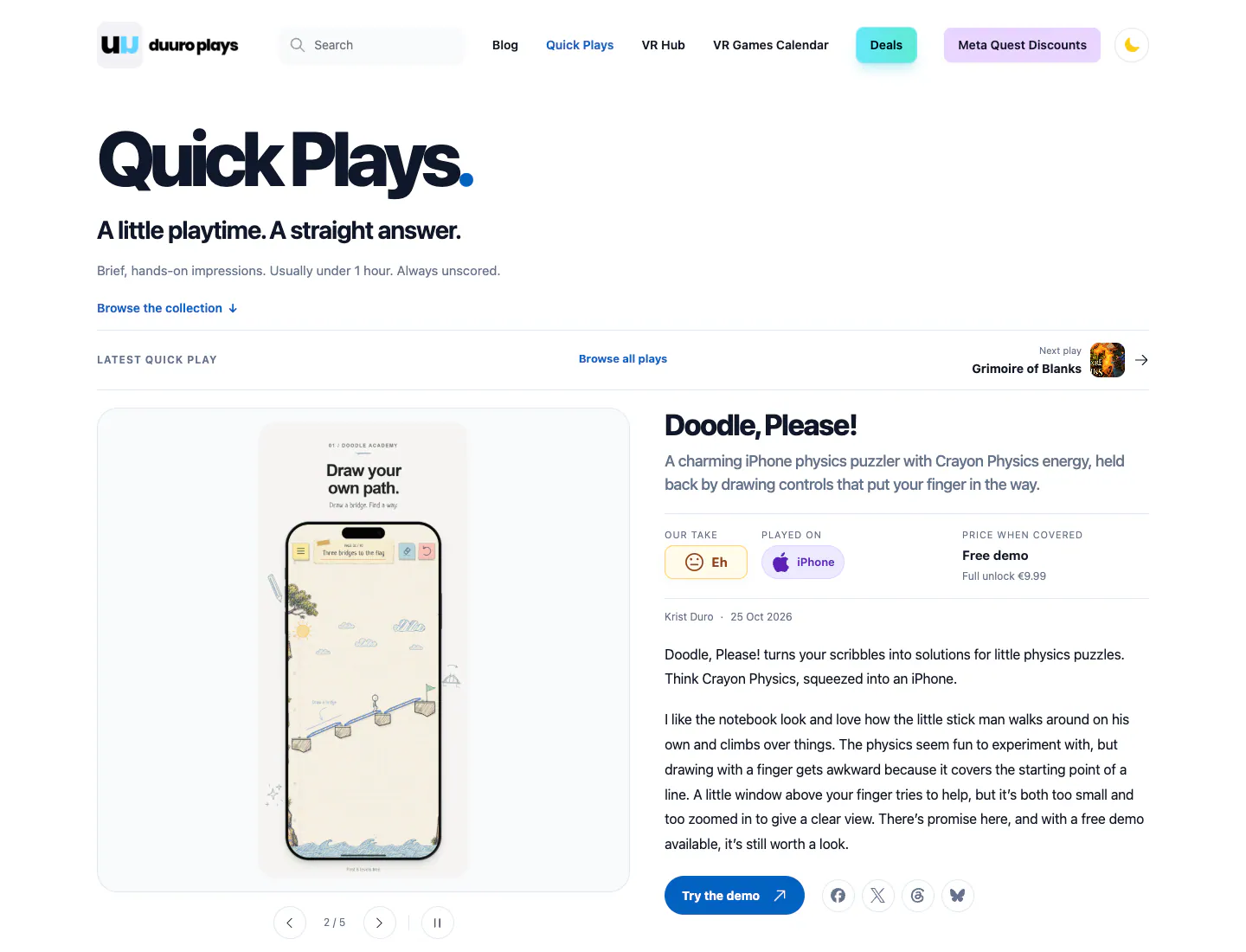 Screenshot of the Duuro Quick Plays page showing Doodle, Please!, its screenshot gallery, an Eh reaction, the iPhone used, price context, and hands-on impressions.