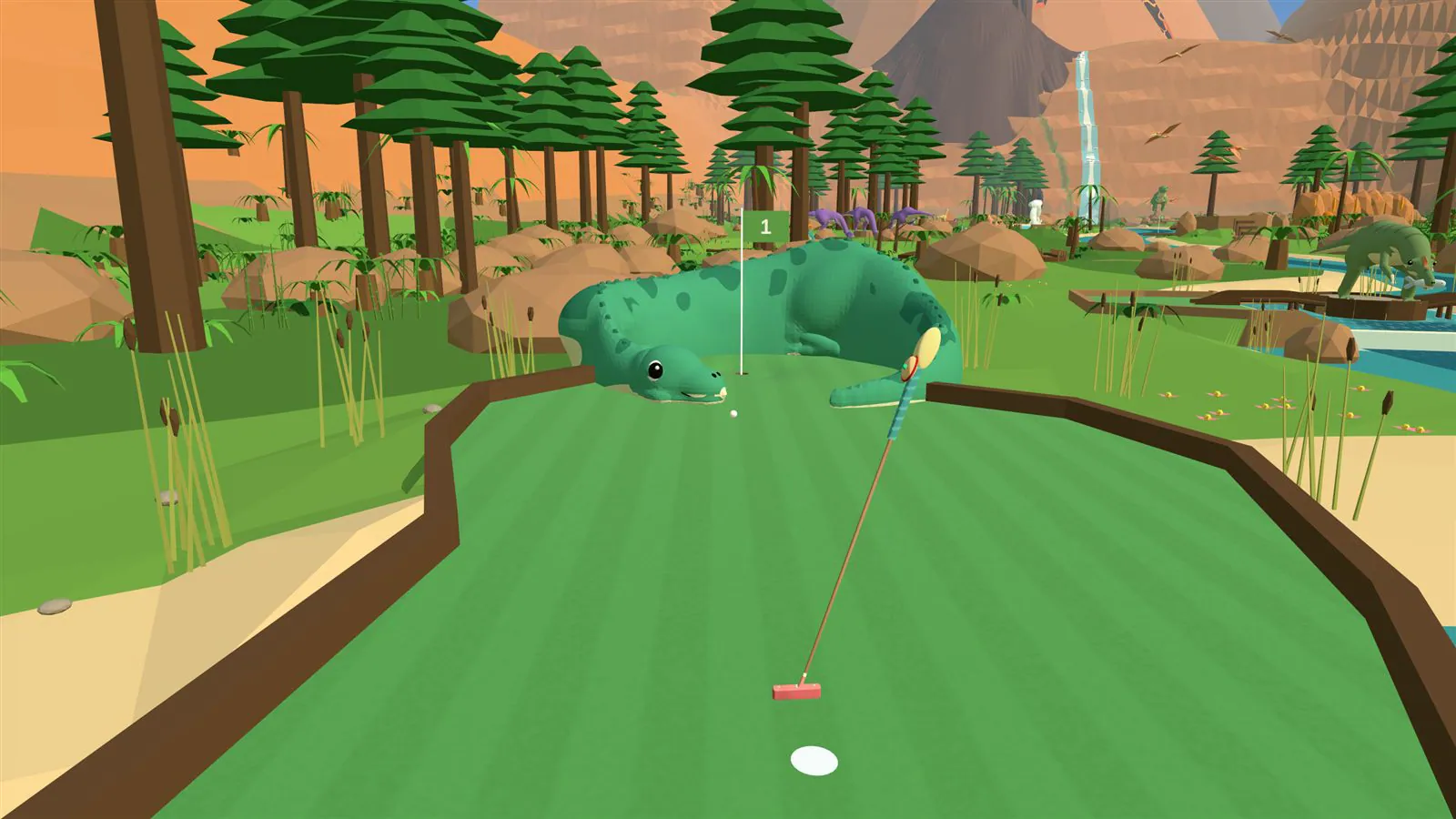 A sleepy iguanodon curled around the first green in Dinosaur Valley