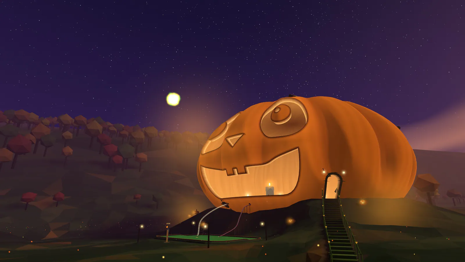 The Great Jack glowing above Pumpkin Hollow's final green in Moonrise Mini Golf
