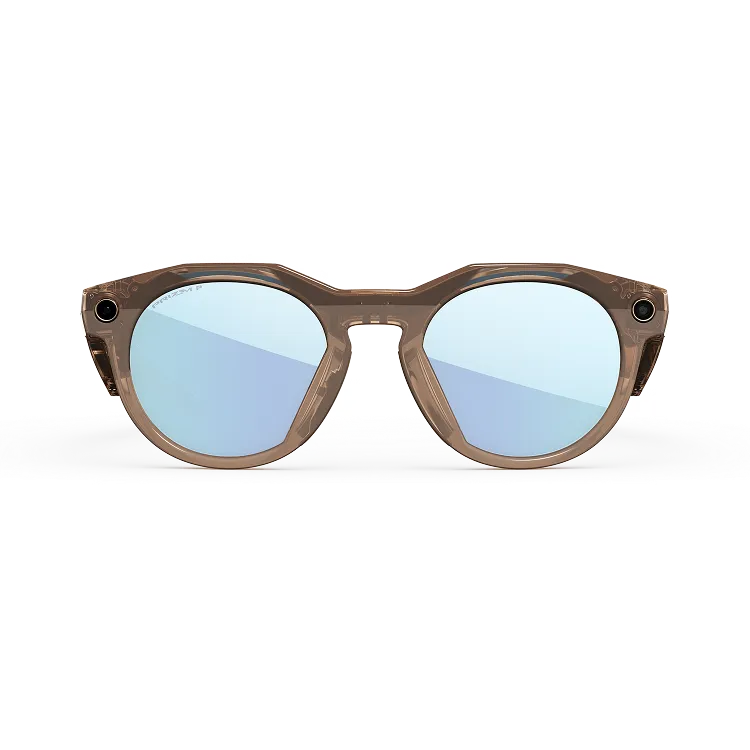 Front view of Oakley Meta HSTN glasses with a Brown Smoke frame and blue Prizm Deep Water Polarized lenses