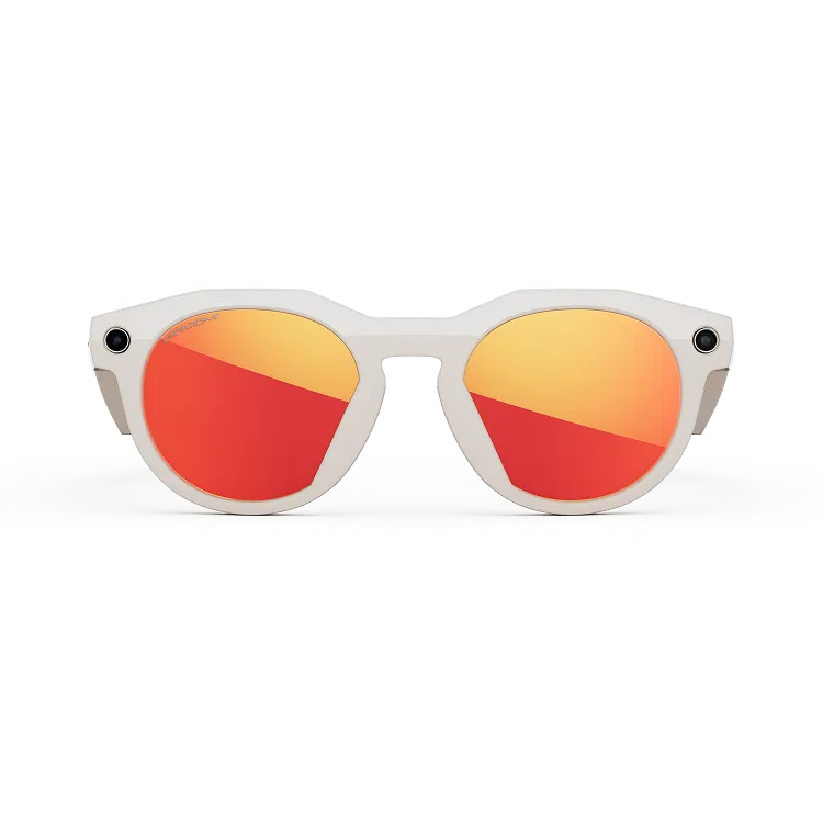 Front view of Oakley Meta HSTN glasses with a Warm Grey frame and mirrored Prizm Ruby lenses