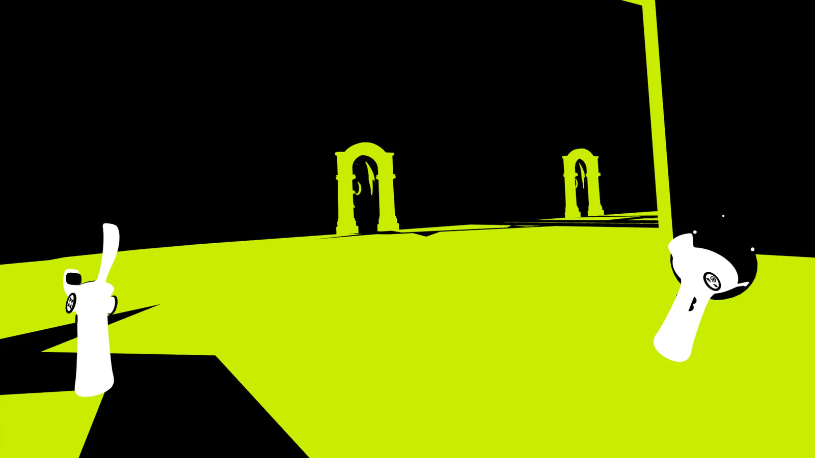 Lime-green portals and platforms against a black background in Shil