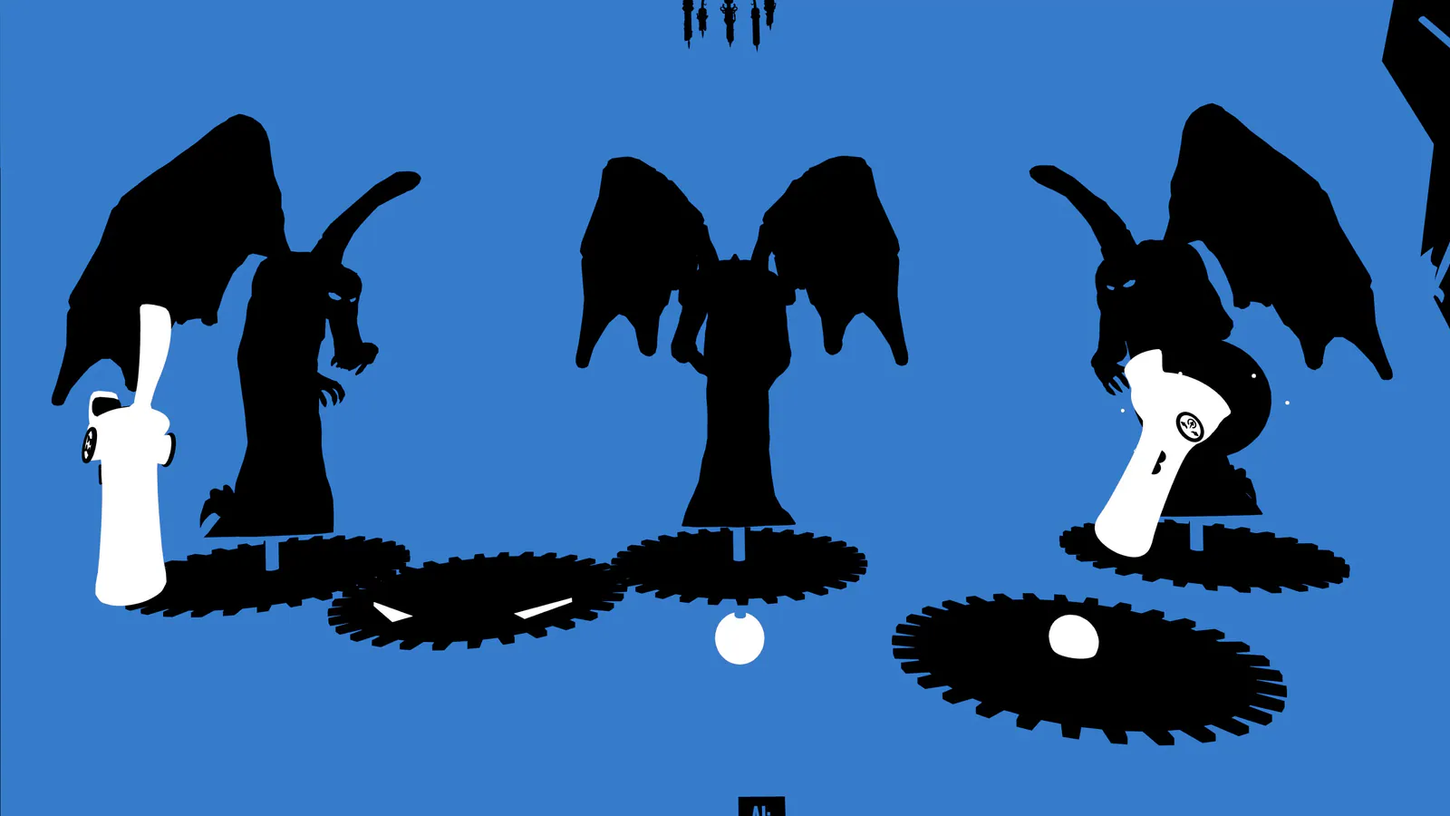 Winged statues above interlocking gears in Shil