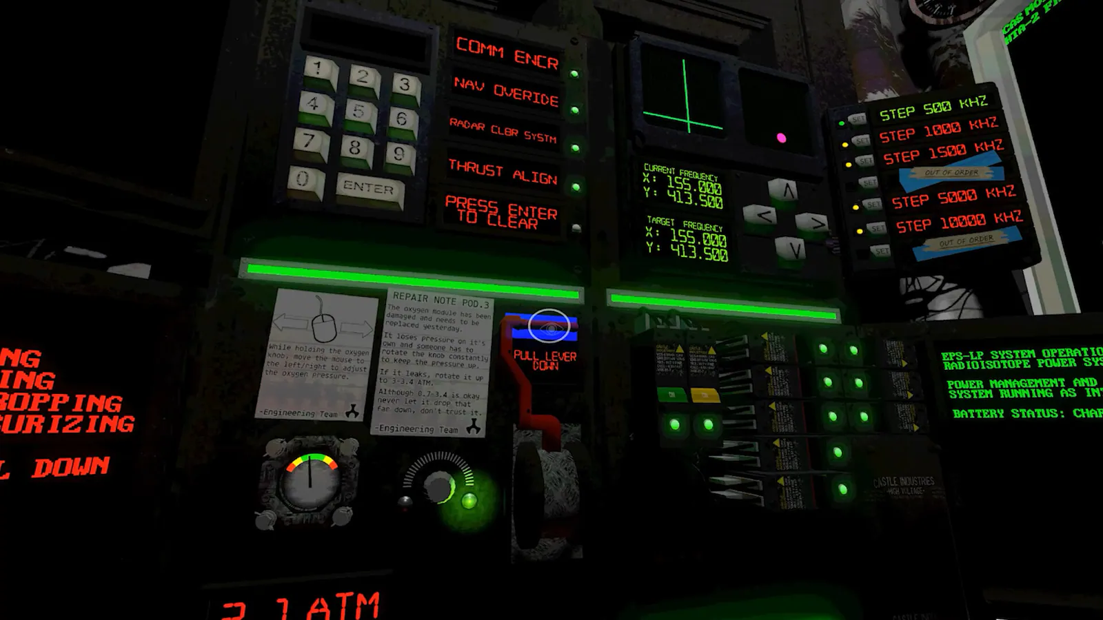 SIGNAL LOST publisher screenshot showing the pod’s instrument panels, keypad, oxygen controls, and repair notes.