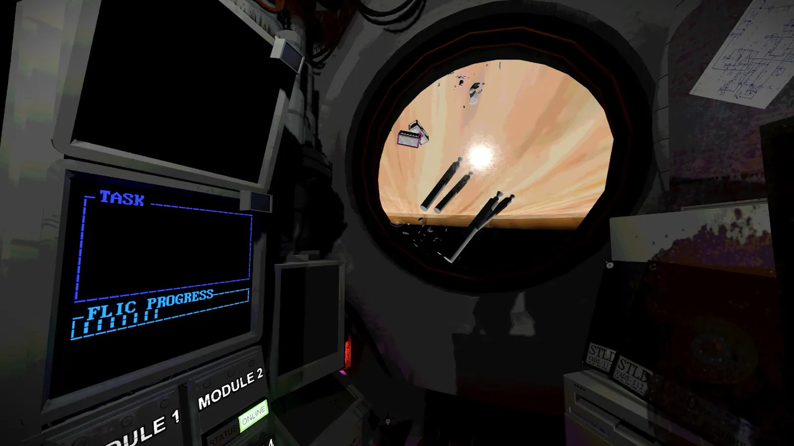 SIGNAL LOST publisher screenshot showing floating debris through the pod’s round window beside a task monitor.