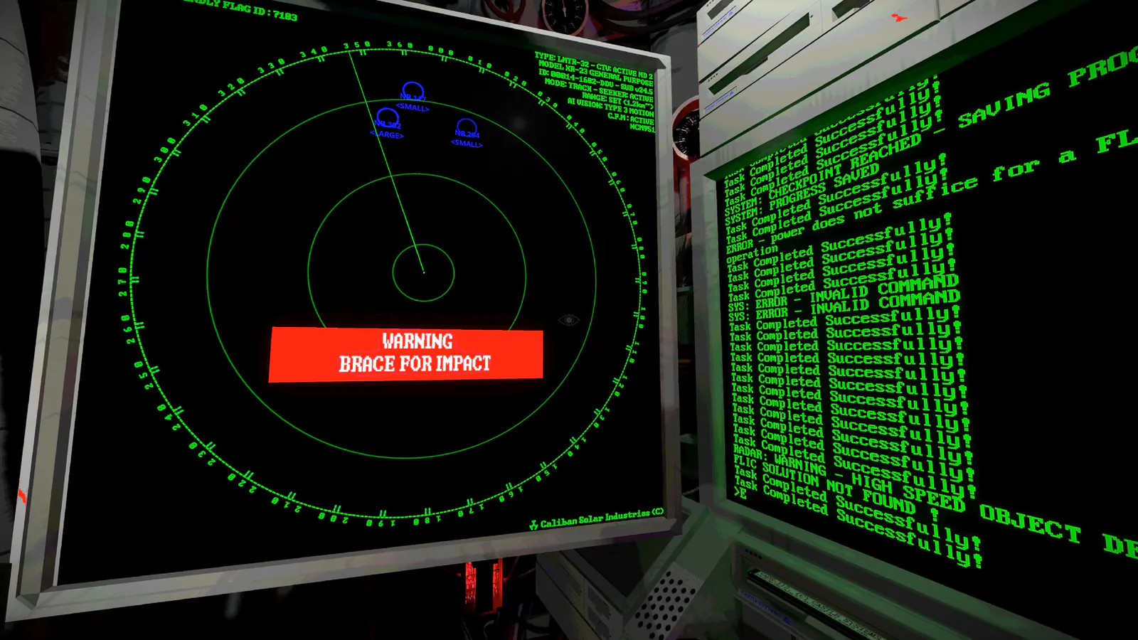 SIGNAL LOST publisher screenshot showing a radar impact warning beside a green command terminal.
