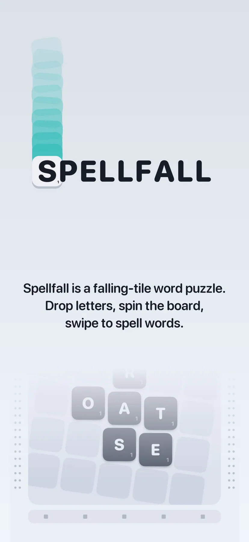 Spellfall publisher image introducing its drop, spin, and spell word-puzzle mechanics.