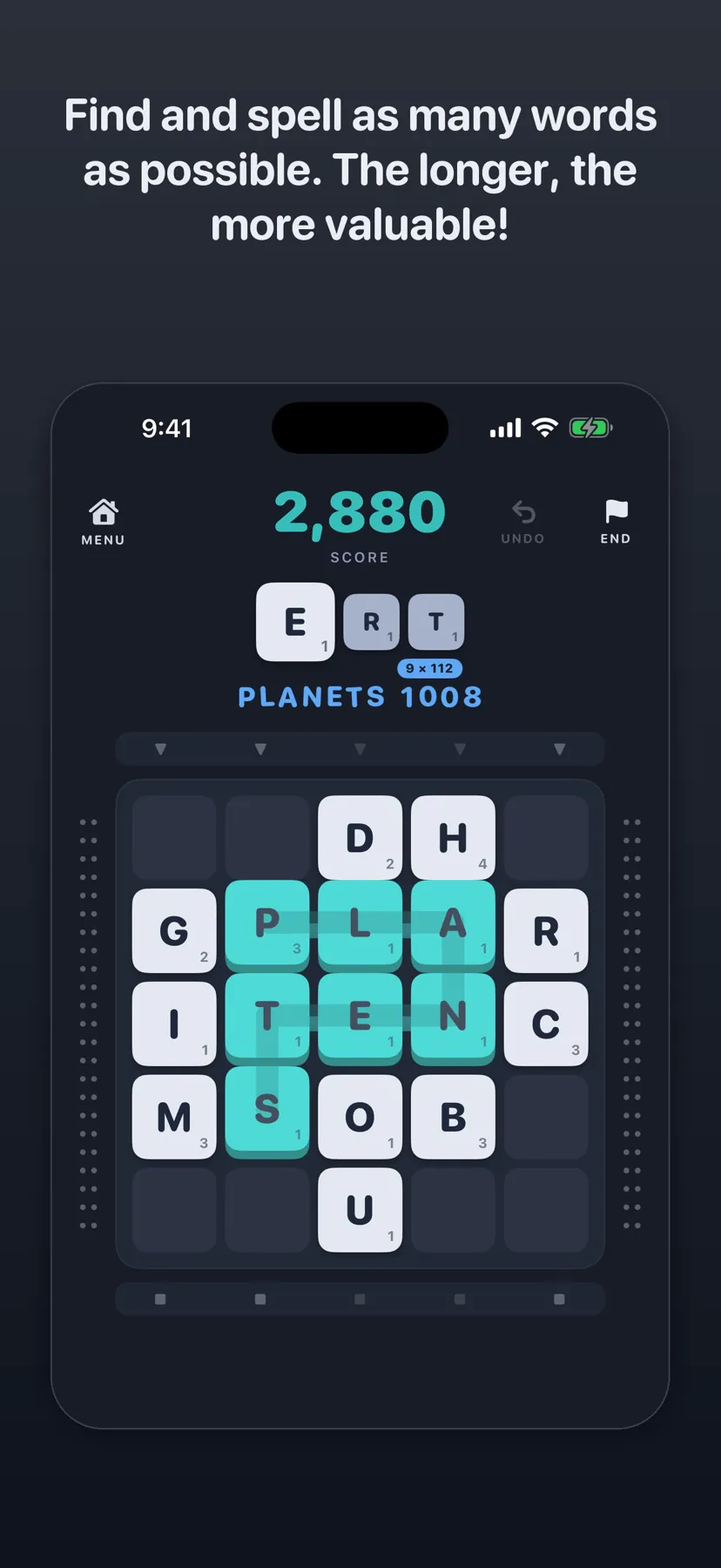 Spellfall publisher screenshot showing PLANETS traced across a dark letter-tile board.