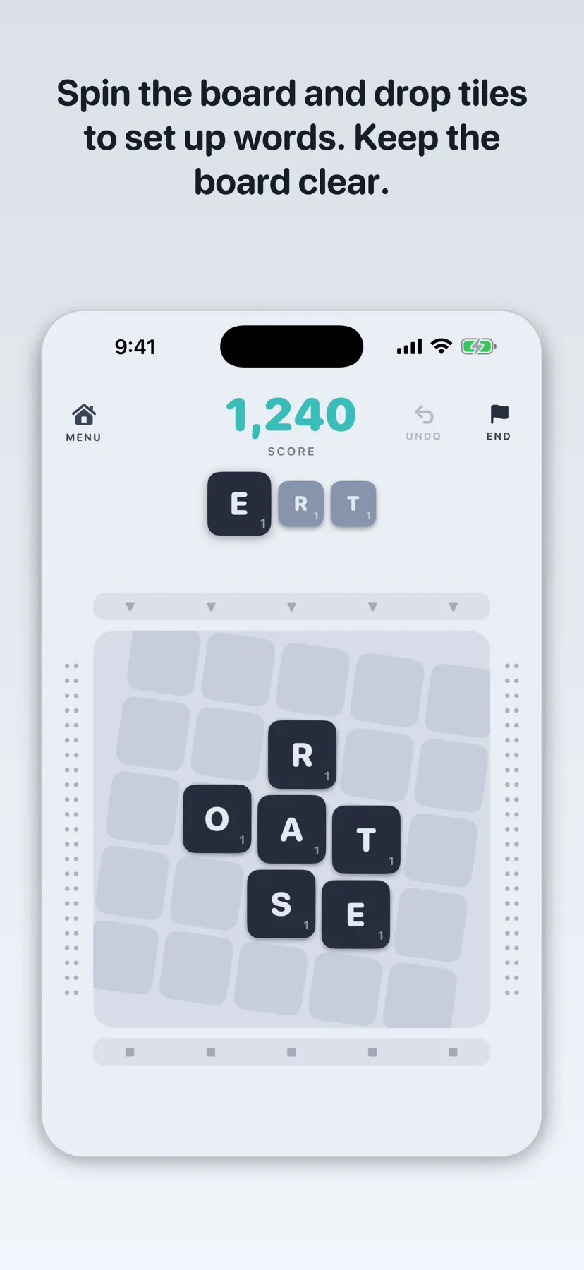 Spellfall publisher screenshot showing a rotated letter board in its light theme.