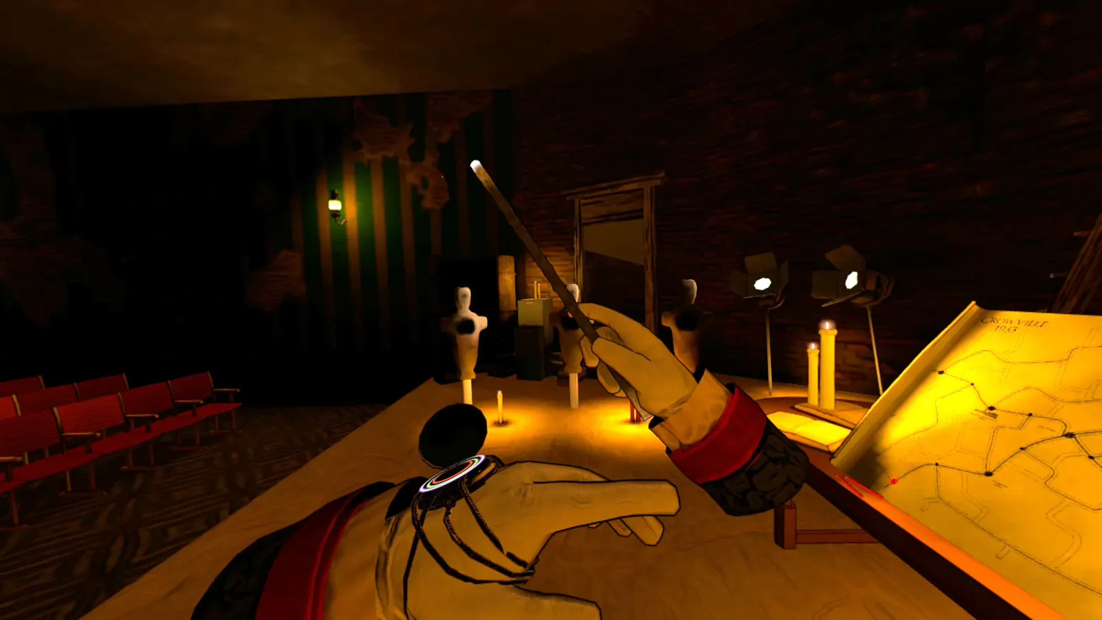The magician holding a wand beside an open spellbook in a candlelit room