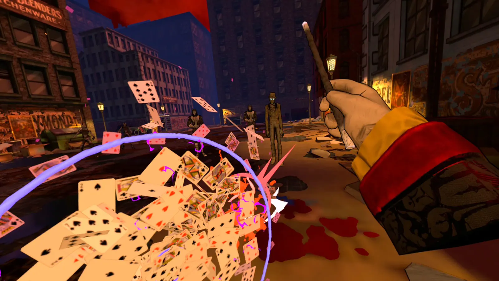 A shield of playing cards and a wand during street combat