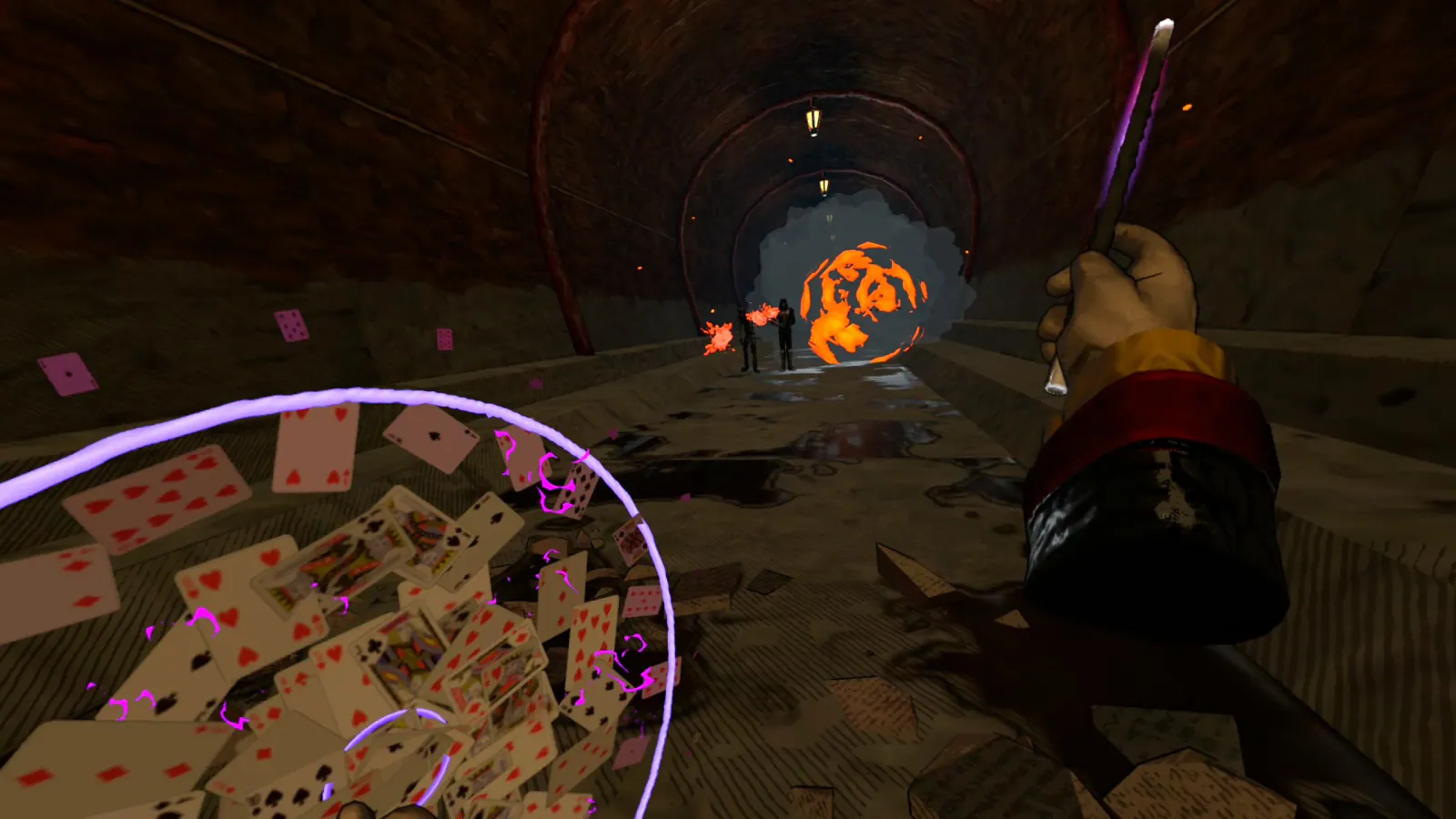 Casting a spell while holding a card shield in a brick tunnel