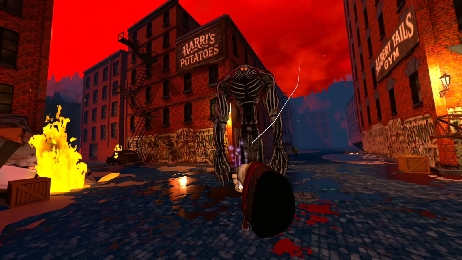 Facing a creature in a burning street beneath a red sky