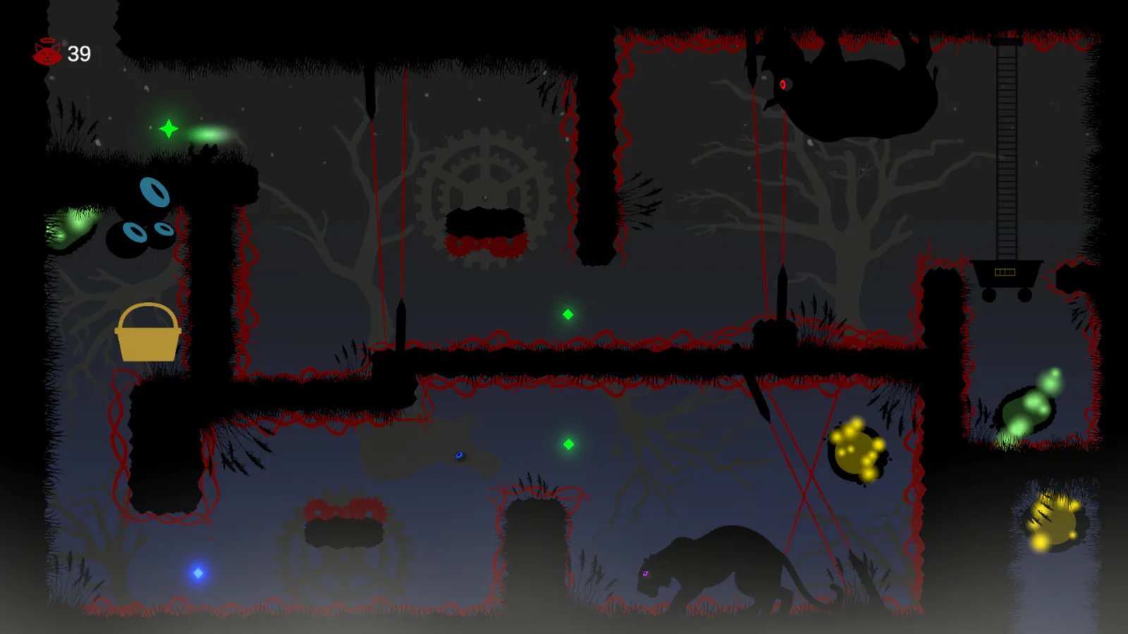 Tom’s Last Adventure publisher screenshot showing dark platforms, red hazards, glowing stars, and a hanging mine cart.