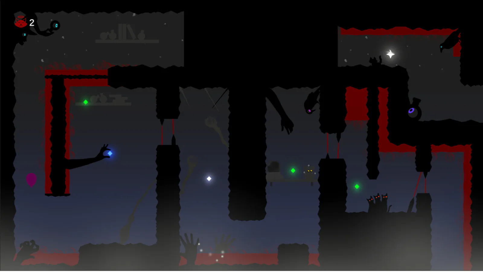 Tom’s Last Adventure publisher screenshot showing the cat beside a white star above narrow passages lined with red hazards.