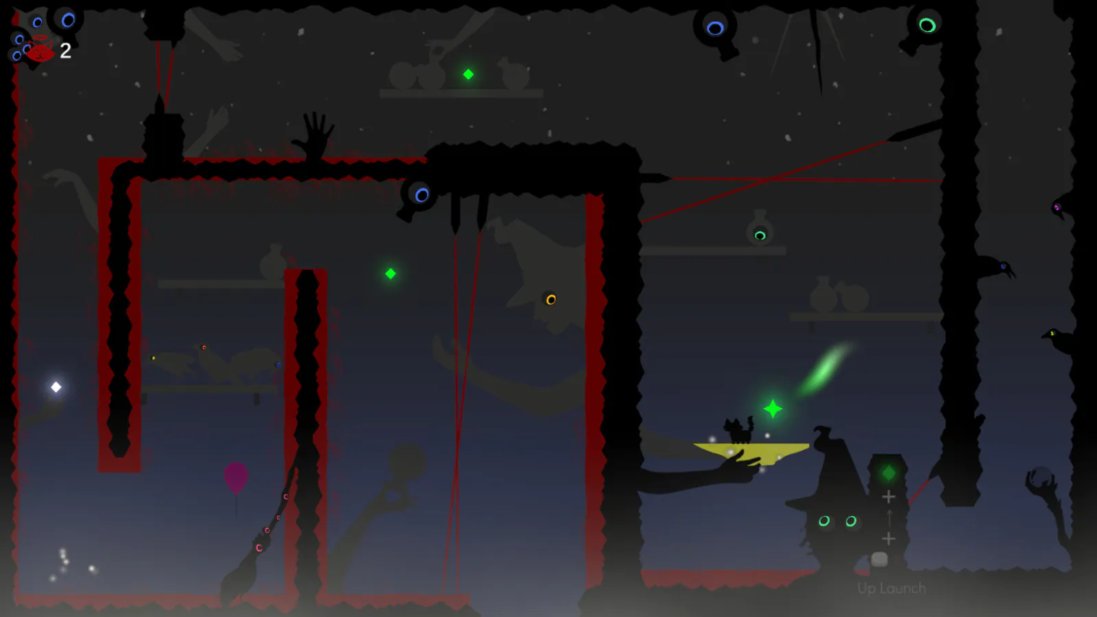 Tom’s Last Adventure publisher screenshot showing the cat on a yellow platform amid silhouetted hands and glowing stars.