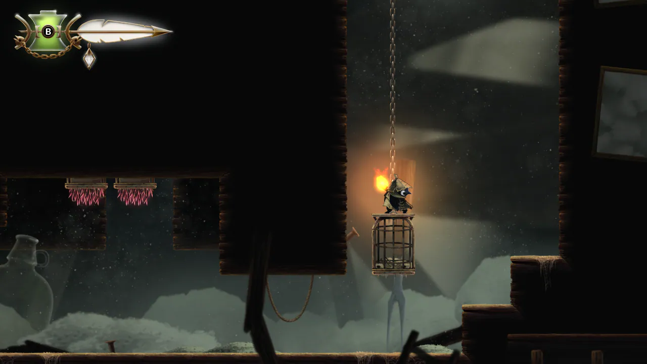 Glimmer perched on a hanging cage beside spikes in a shadowy platforming area